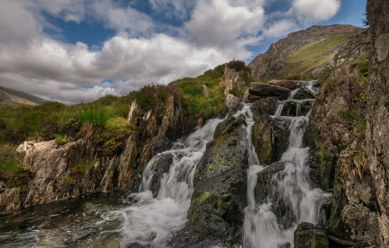 Photo wallpaper nature, stream, stones, rocks, waterfall, Wales, Snowdonia