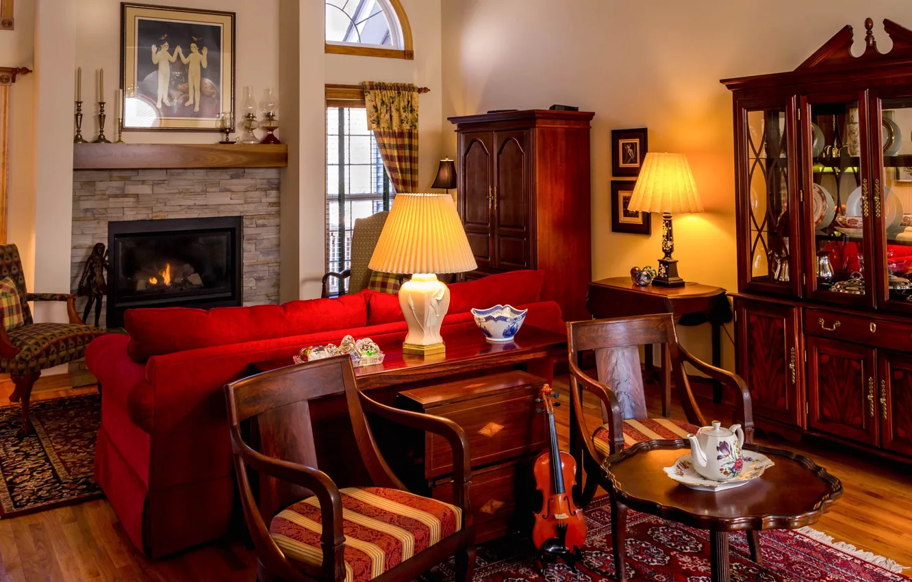 Photo wallpaper lamp, room, sofa, chairs, interior, window, wardrobe, fireplace