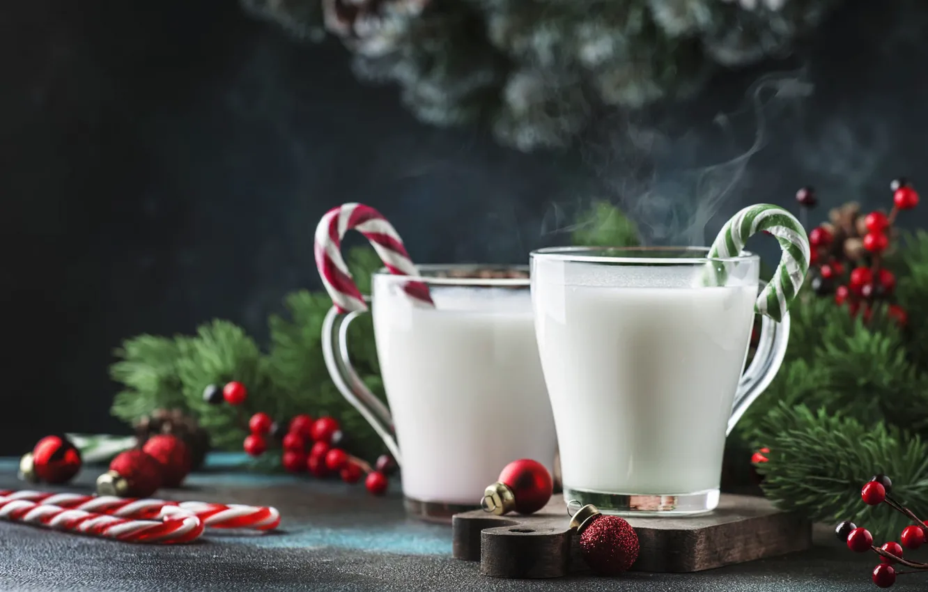 Photo wallpaper white, balls, branches, red, berries, table, new year, hot