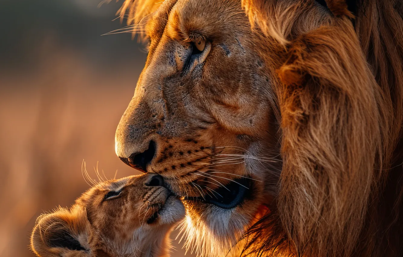 Photo wallpaper predator, Leo, baby, cub, two, closeup, big cats, AI art