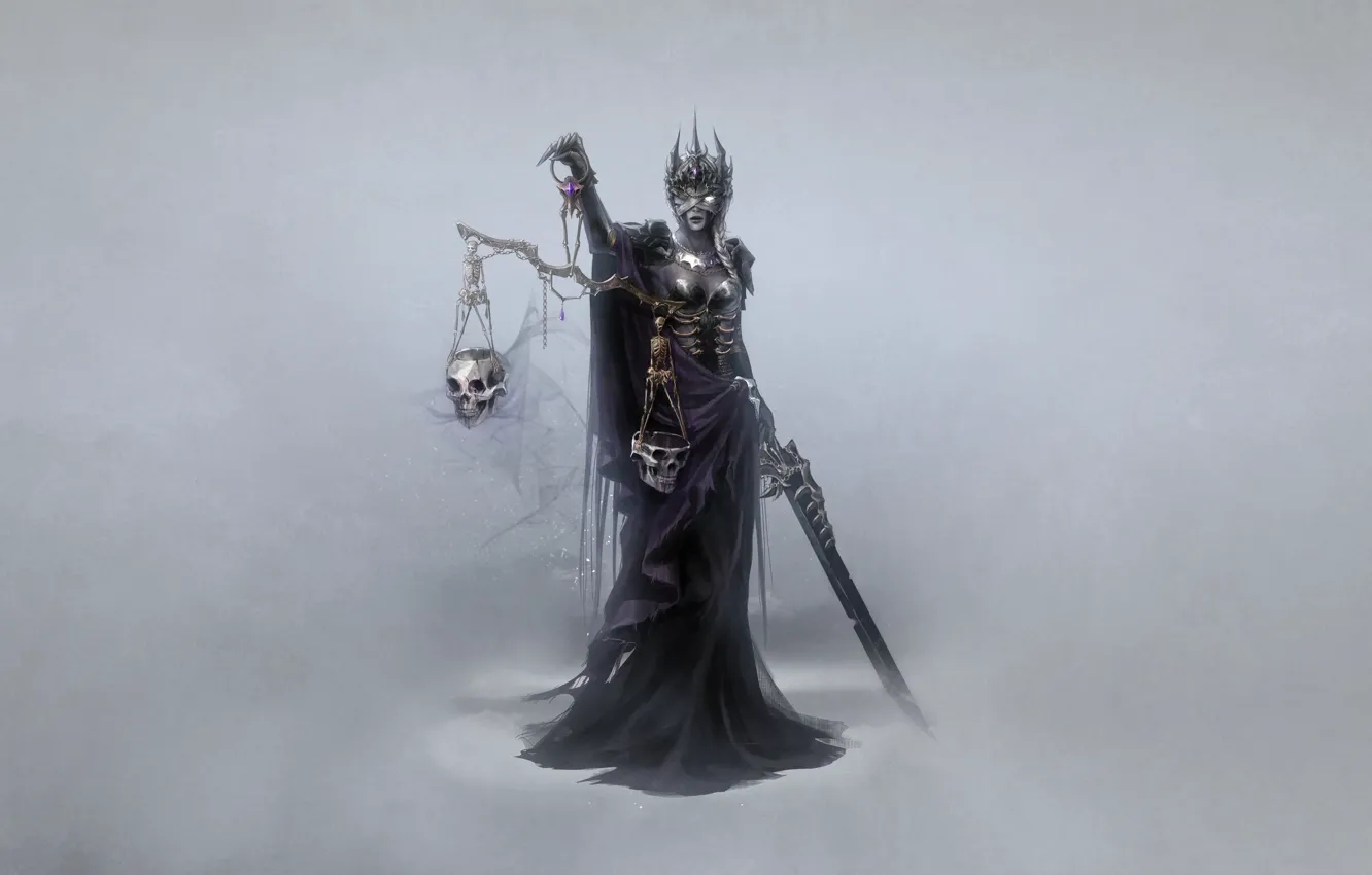 Photo wallpaper girl, death, darkness, skull, minimalism, sword, crown, art