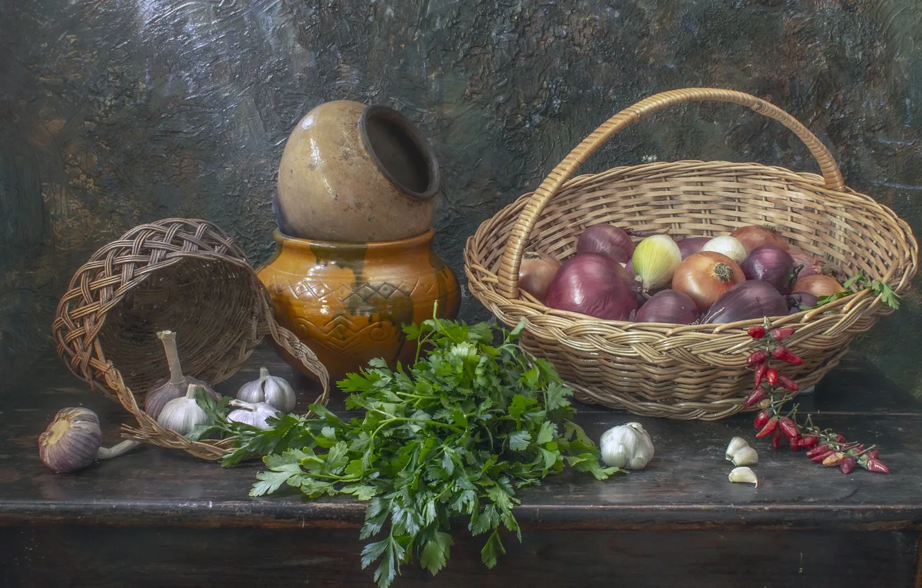 Photo wallpaper bow, still life, basket, parsley