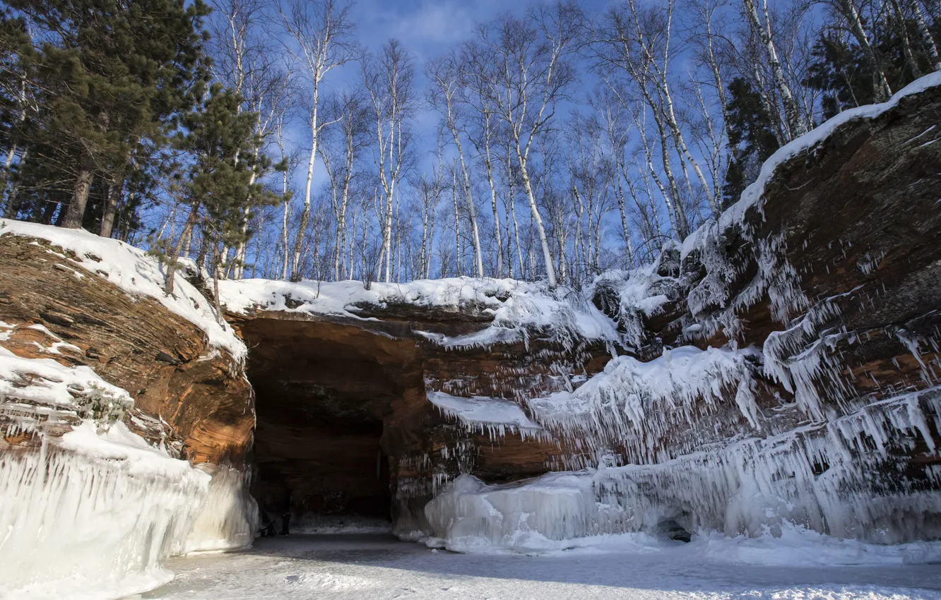 Photo wallpaper ice, winter, the sky, snow, trees, rocks, cave, the grotto