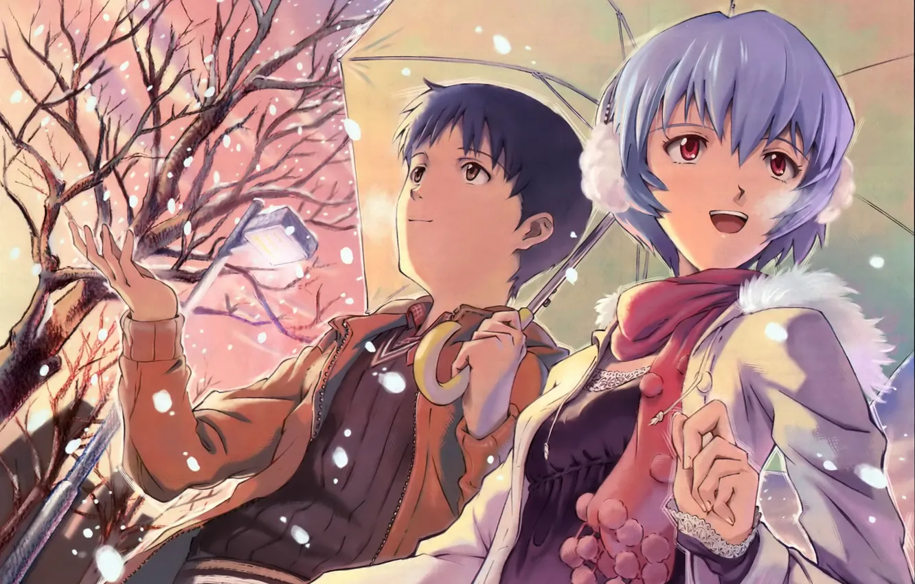 Photo wallpaper girl, snow, tree, street, umbrella, lantern, guy, neon genesis evangelion