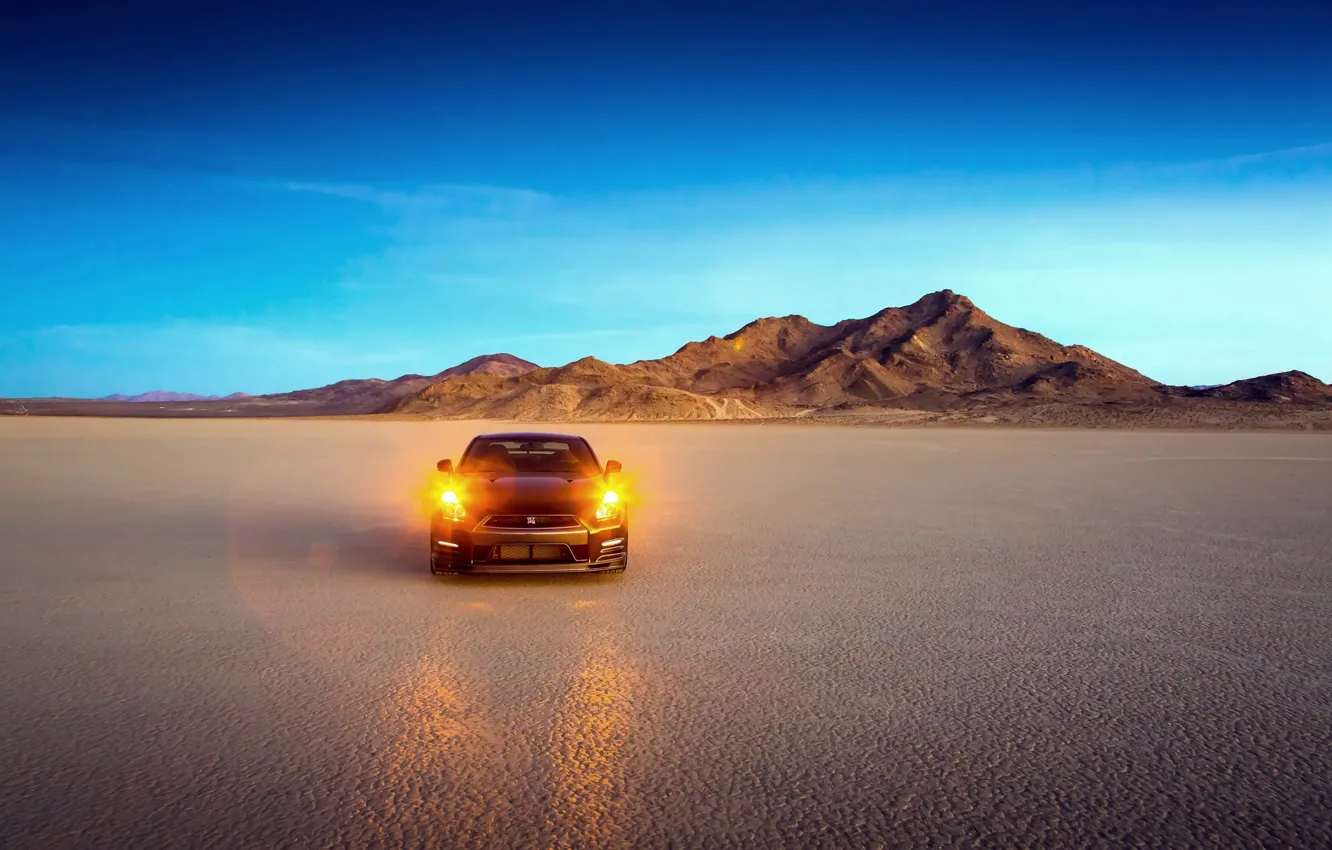 Photo wallpaper Desert, Machine, Light, Nissan, Nissan, GT-R, Lights, Edition