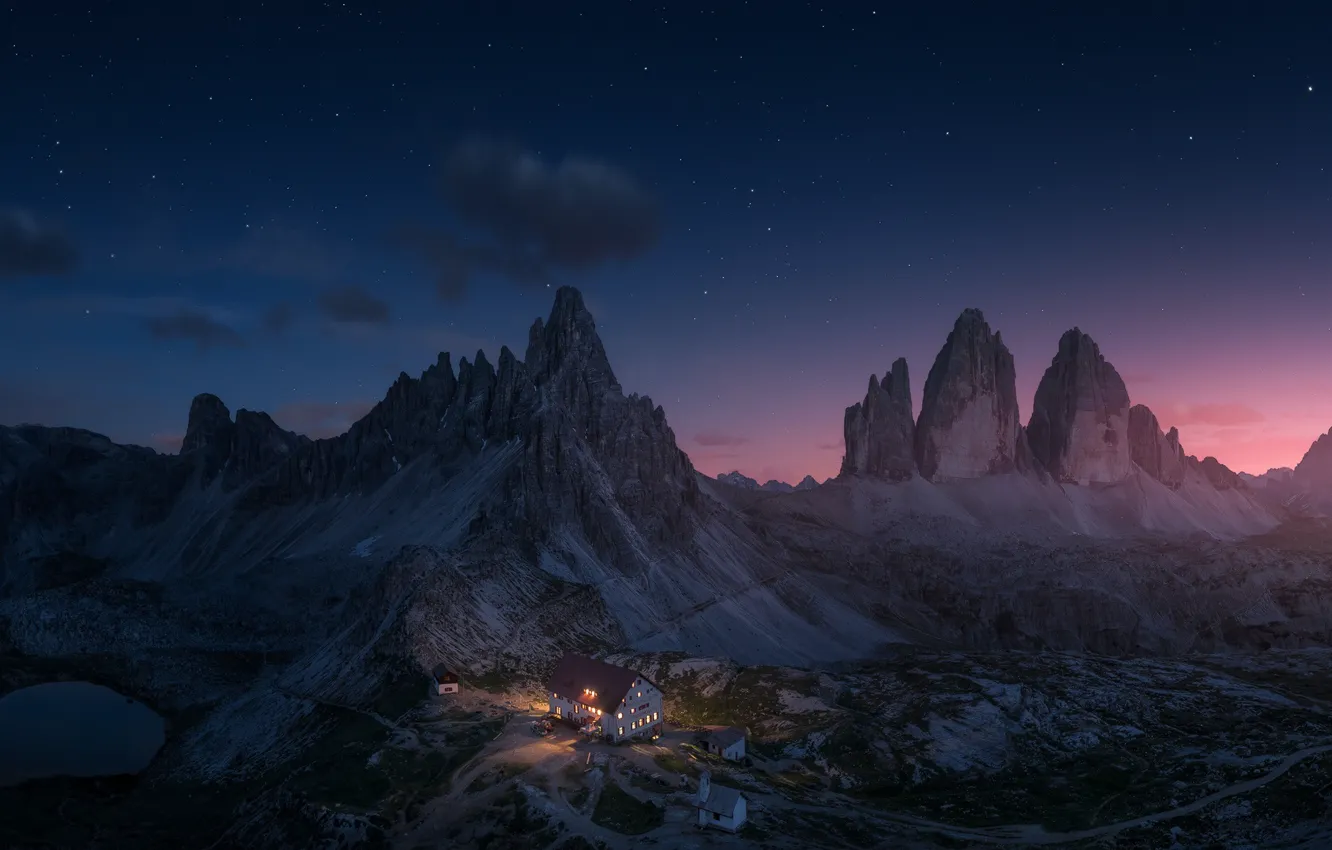 Photo wallpaper stars, mountains, night, house, Alps