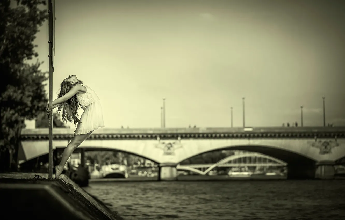 Photo wallpaper girl, bridge, river, dance, dress, grace