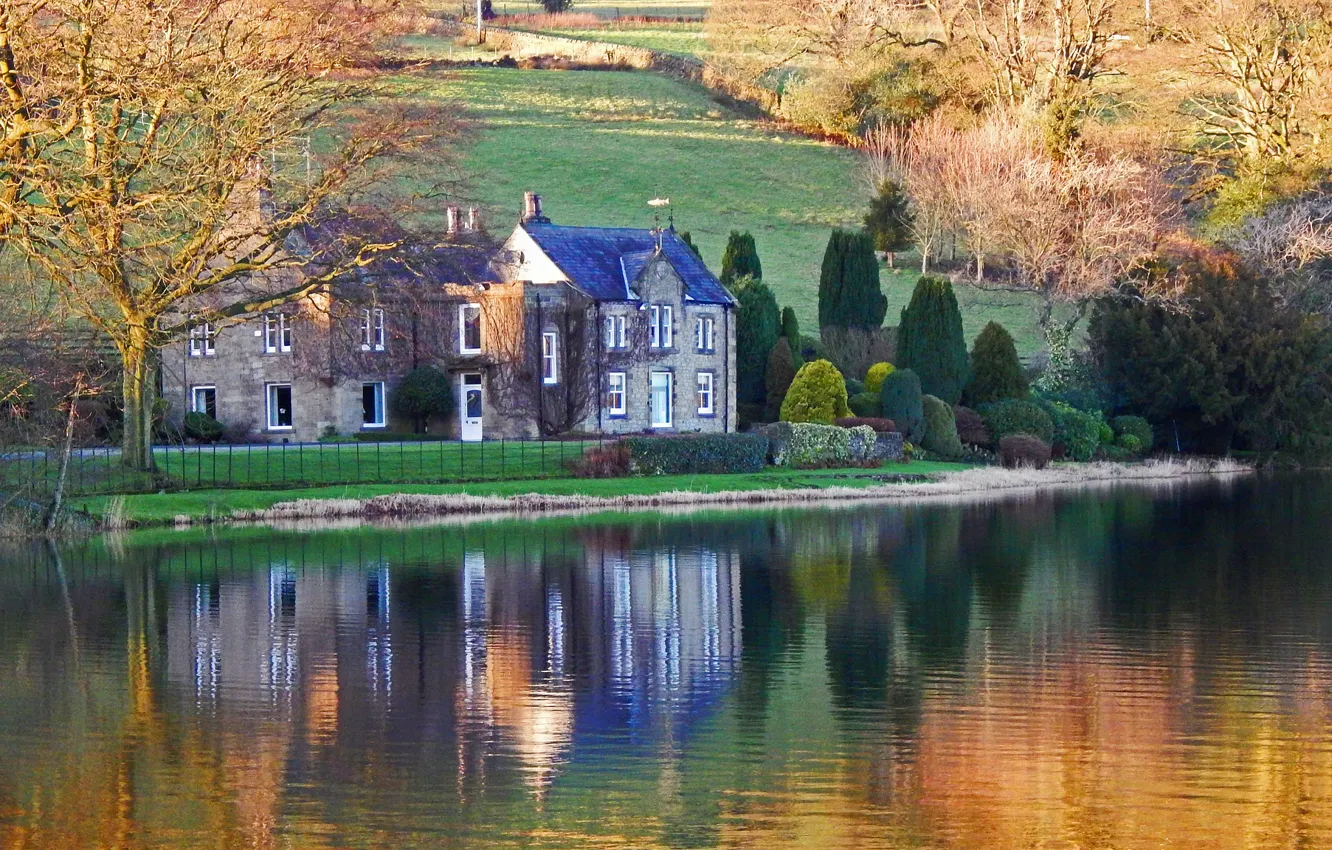 Photo wallpaper autumn, trees, lake, home, slope