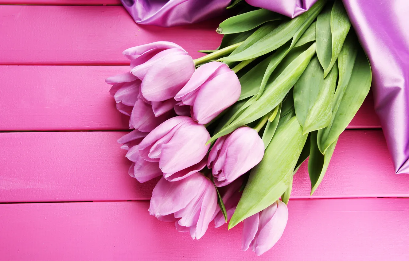 Photo wallpaper flowers, bouquet, tape, tulips, pink, wood, pink, flowers