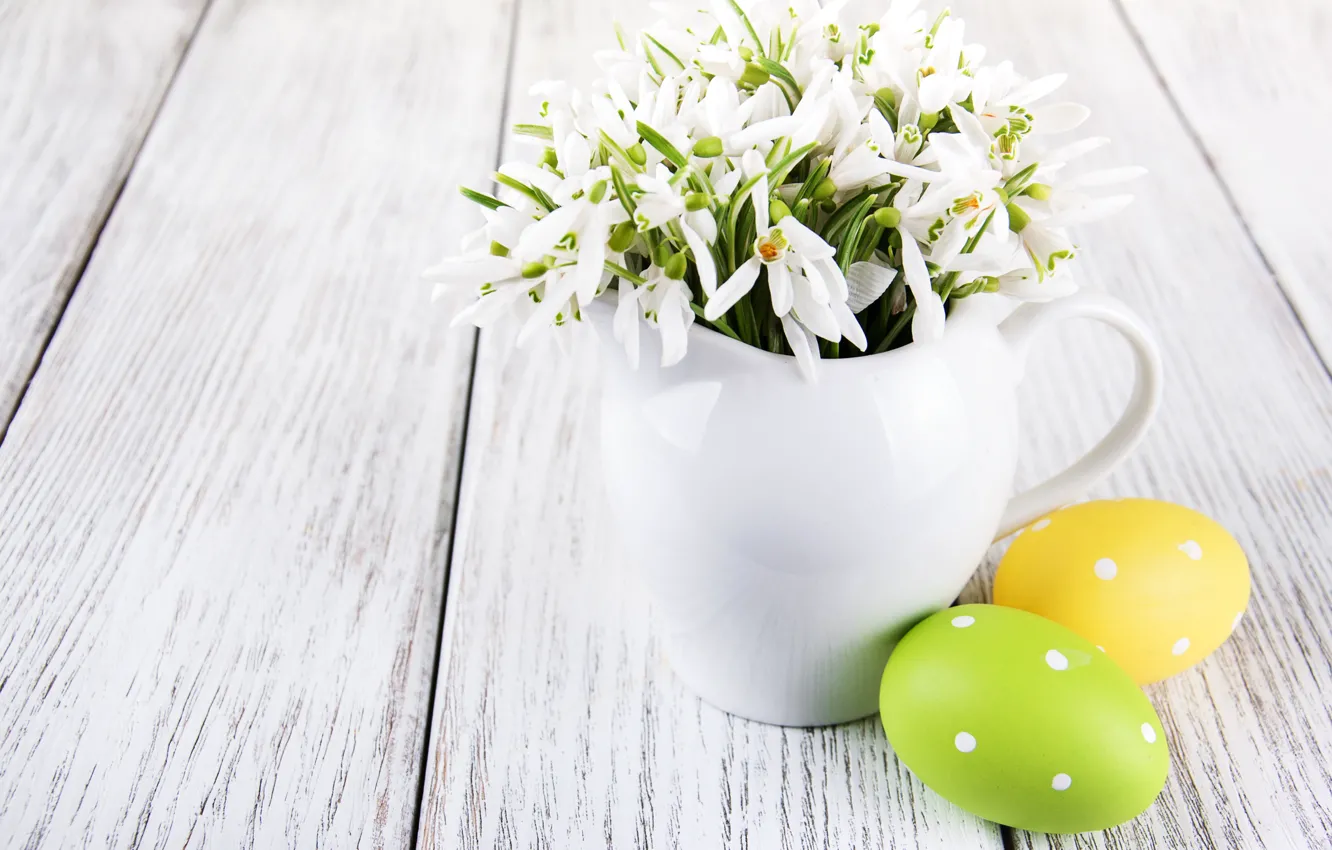 Photo wallpaper flowers, eggs, spring, colorful, snowdrops, Easter, wood, blossom