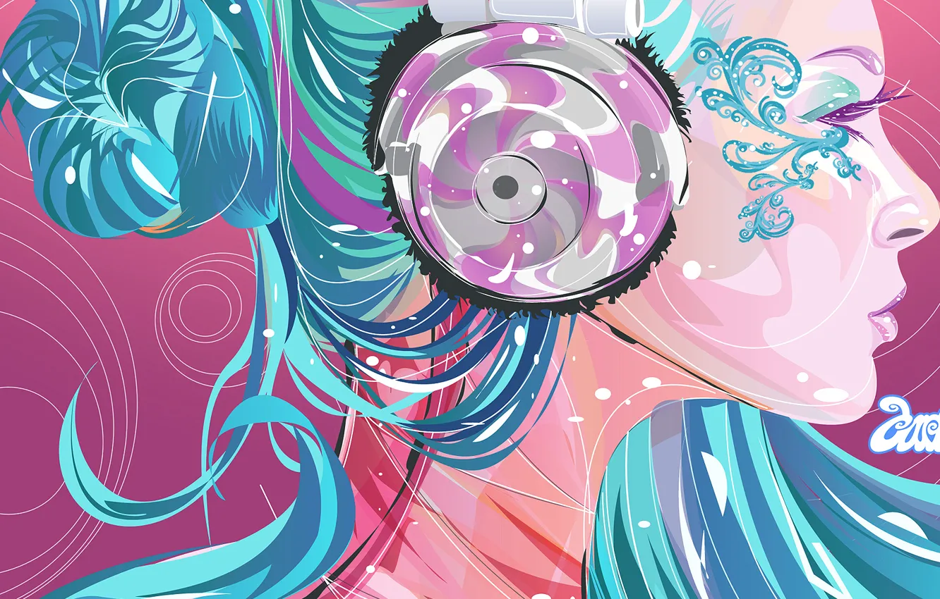 Photo wallpaper color, girl, bright, Vector, headphones, profile, blue hair