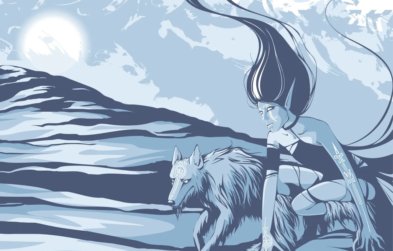 Photo wallpaper girl, blue, wolf, vector