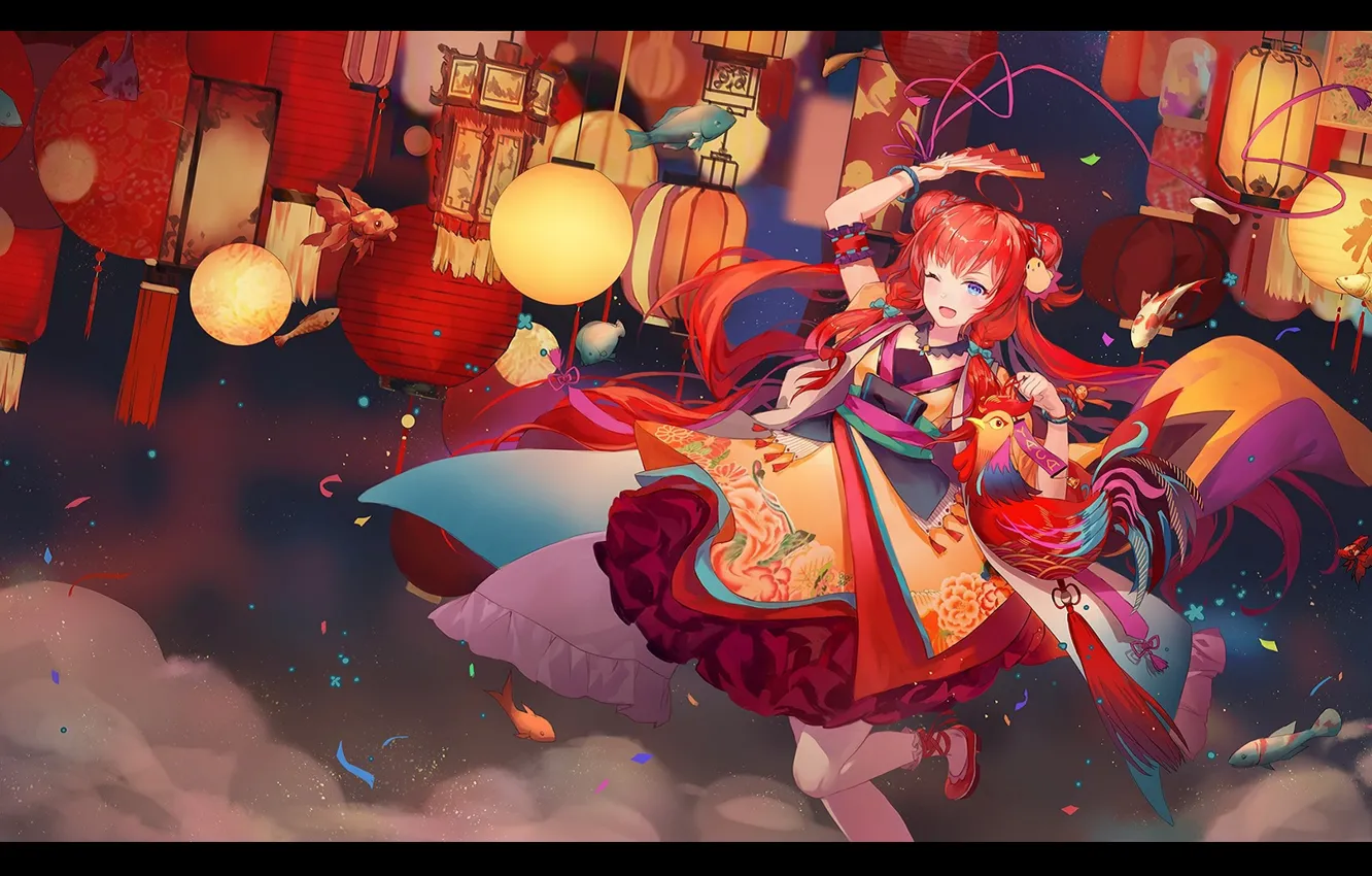 Photo wallpaper the sky, fish, dance, fan, lights, red, kimono, priestess