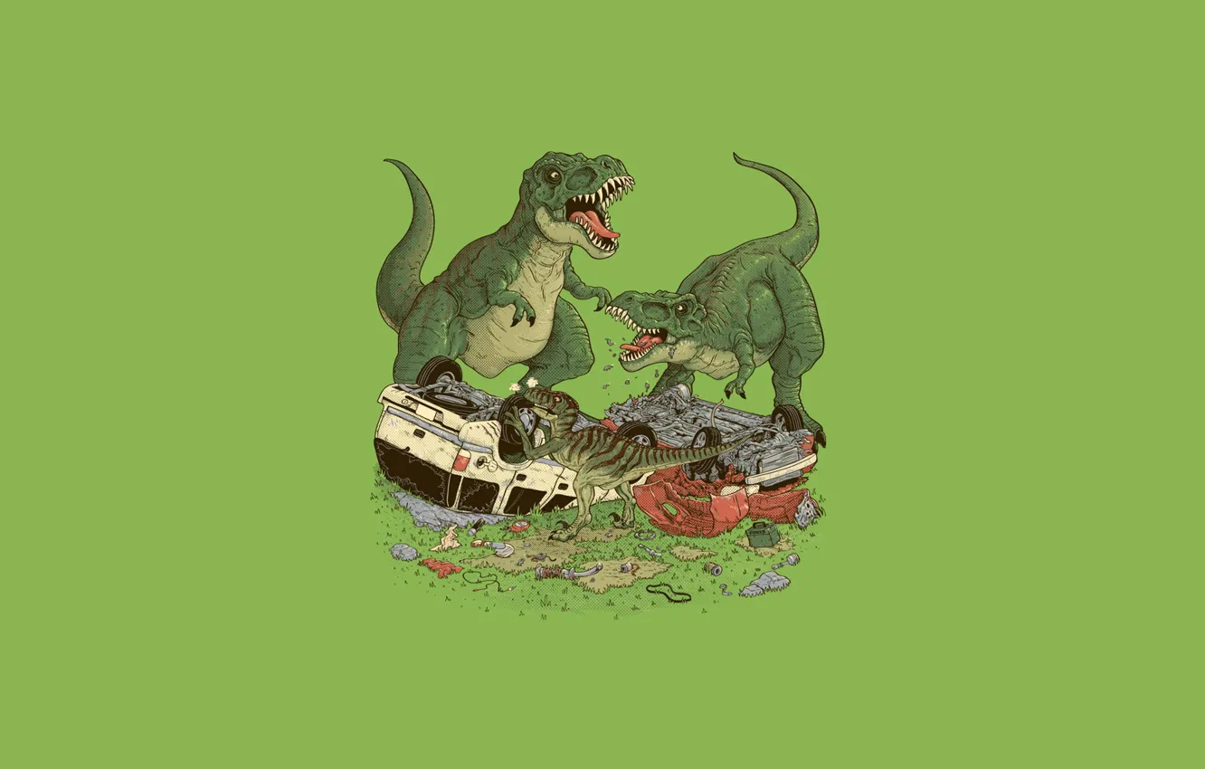 Photo wallpaper dinosaur, predator, car