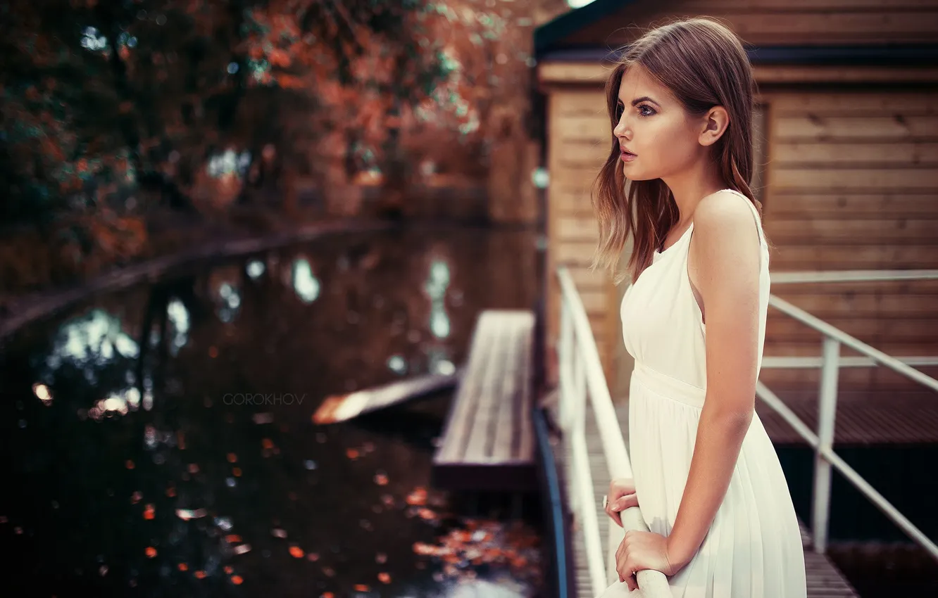 Photo wallpaper Alina, Girl, Model, White, View, Dress, Gorokhov