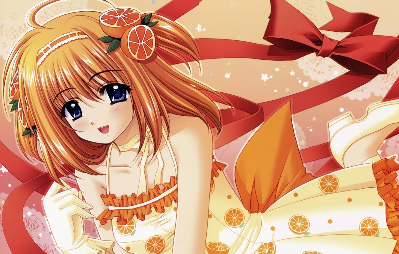 Photo wallpaper orange, anime, dress, barrette, ribbon, devuschka, Kaede Fuyou, Shuffle