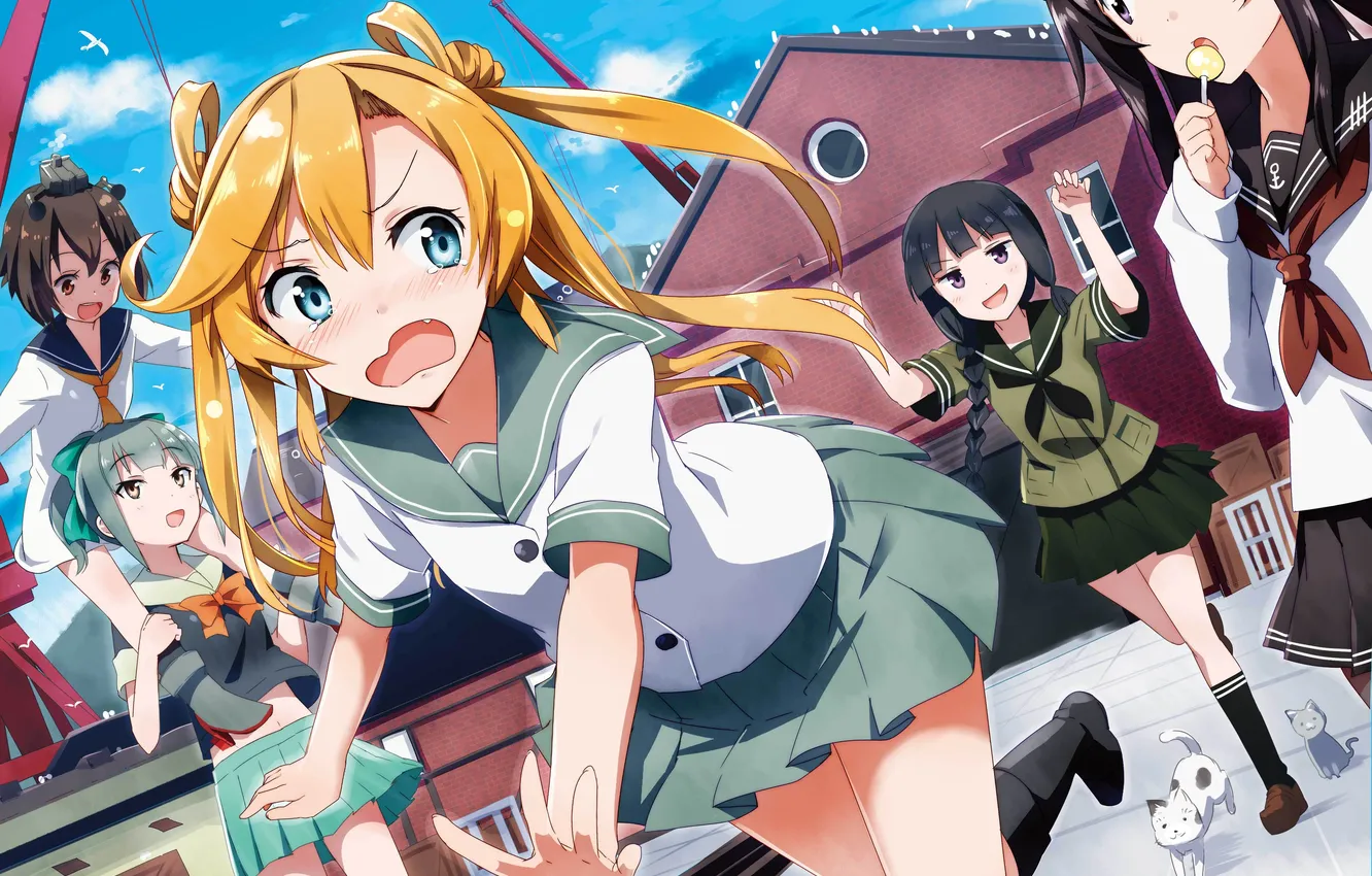 Photo wallpaper cat, the sky, girl, clouds, seagulls, home, crane, pier