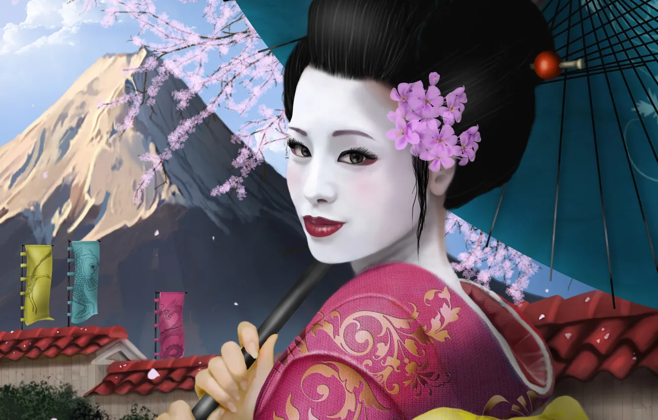 Photo wallpaper girl, Asia, mountain, umbrella, Sakura, art, geisha, kimono