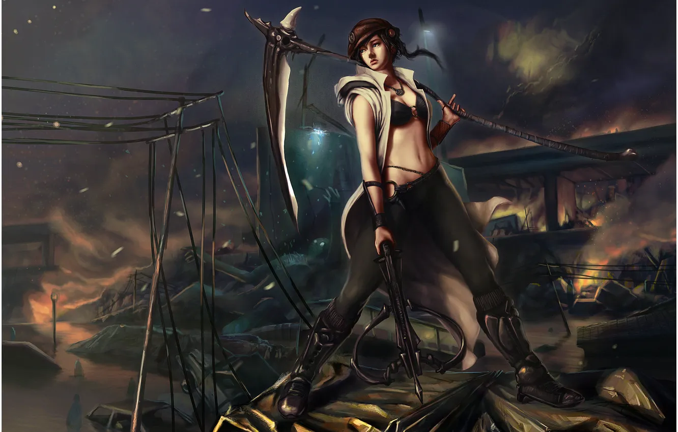 Photo wallpaper machine, the sky, look, water, girl, face, lights, weapons