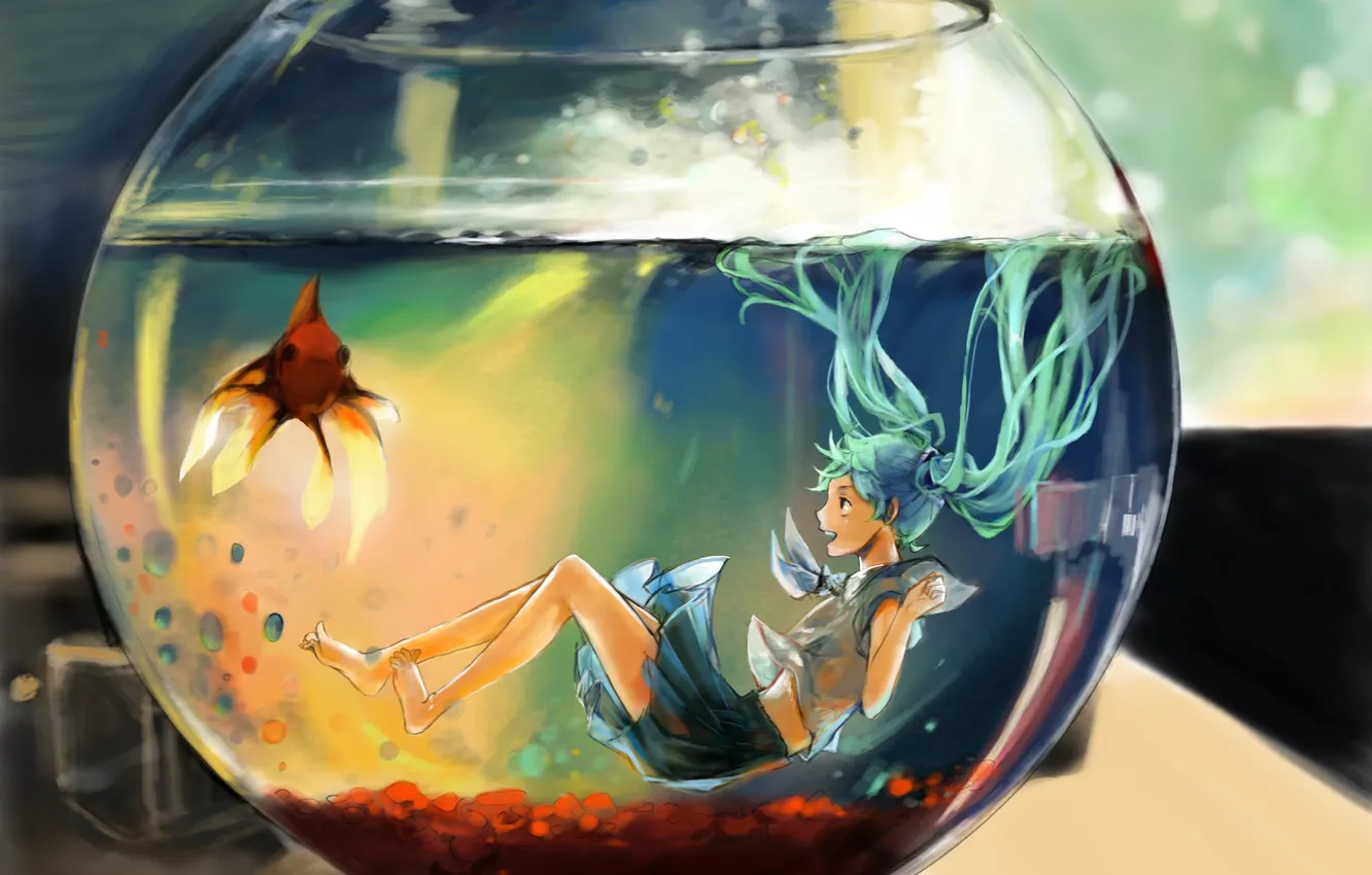 Photo wallpaper water, fish, aquarium, hatsune miku, Vocaloid