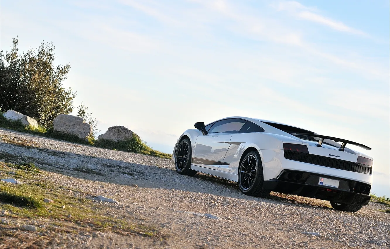 Photo wallpaper white, the sky, grass, clouds, stones, shadow, Lamborghini, white