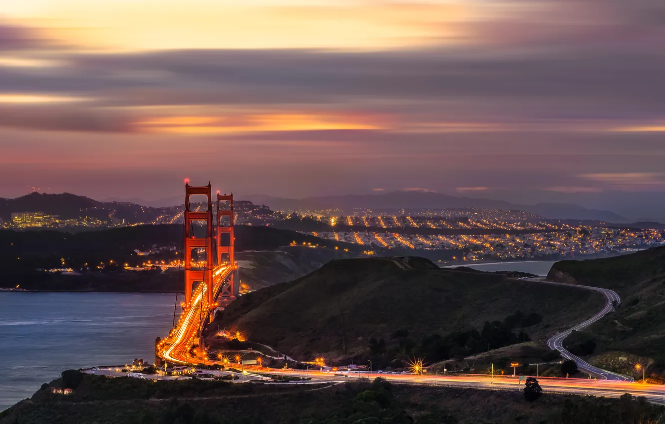 Photo wallpaper clouds, lights, morning, San Francisco, San Francisco, Golden gate, the Golden Gate Bridge