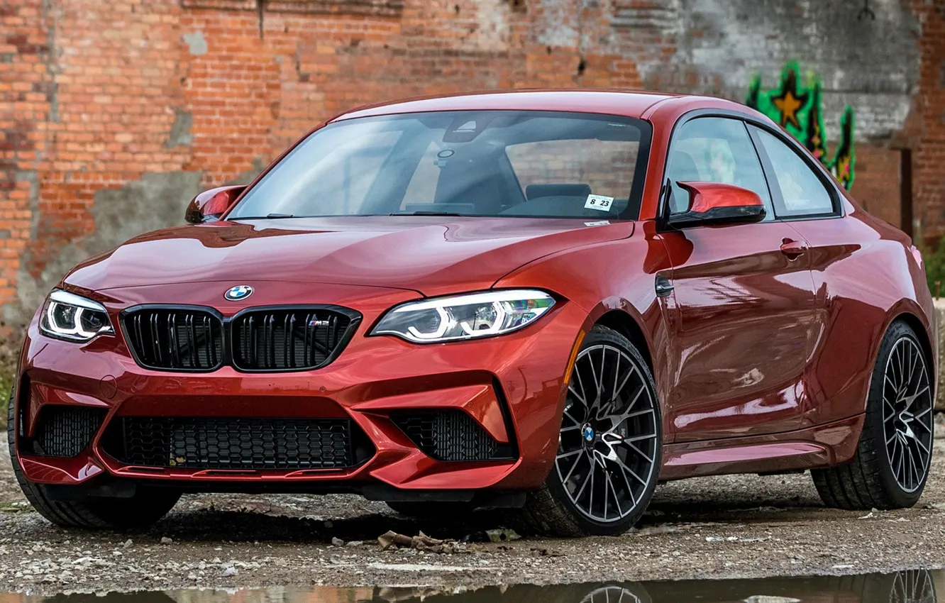 Photo wallpaper car, machine, wall, wheel, BMW, sedan, front, orange