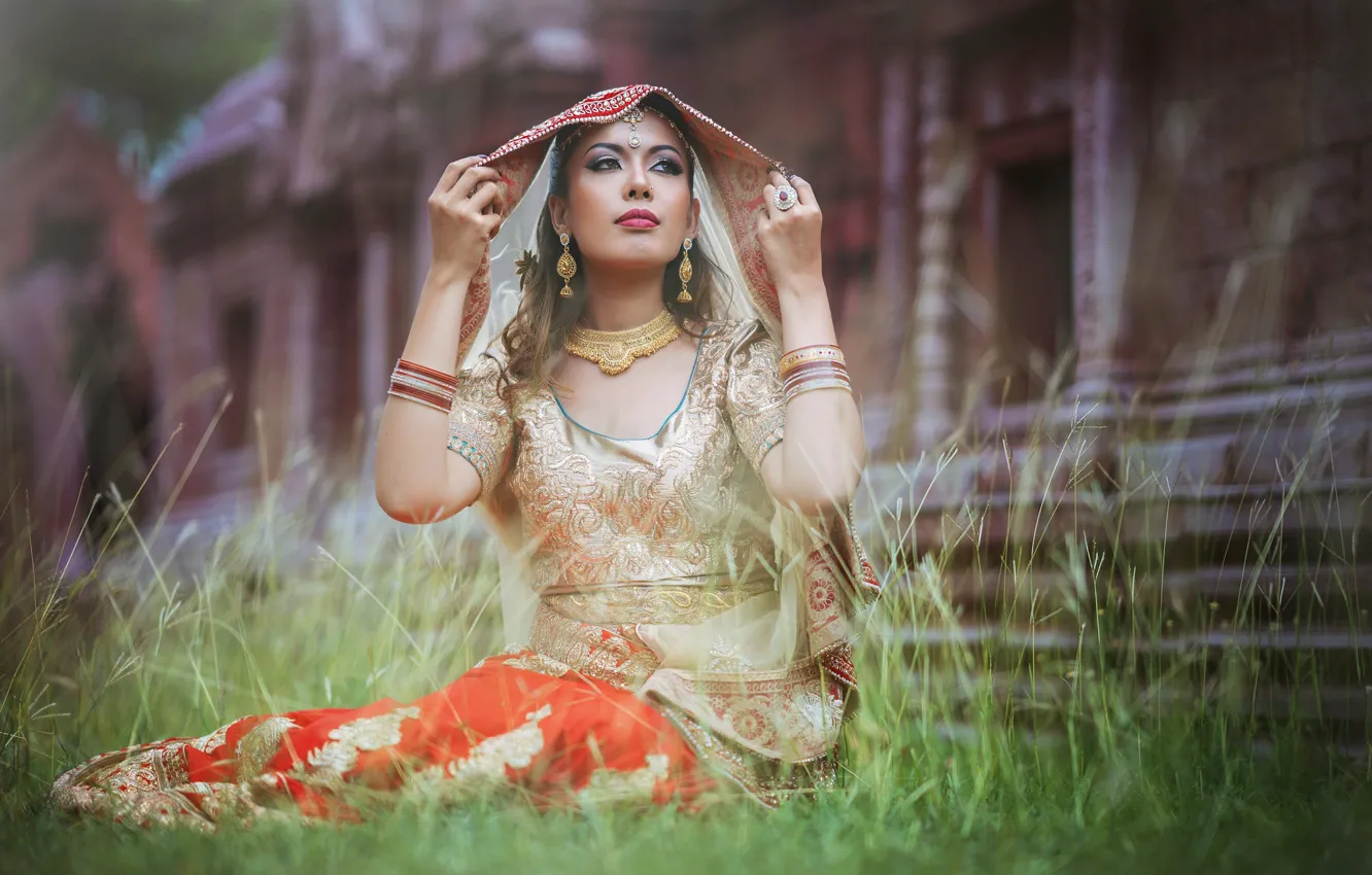 Photo wallpaper grass, look, girl, decoration, face, pose, glade, building