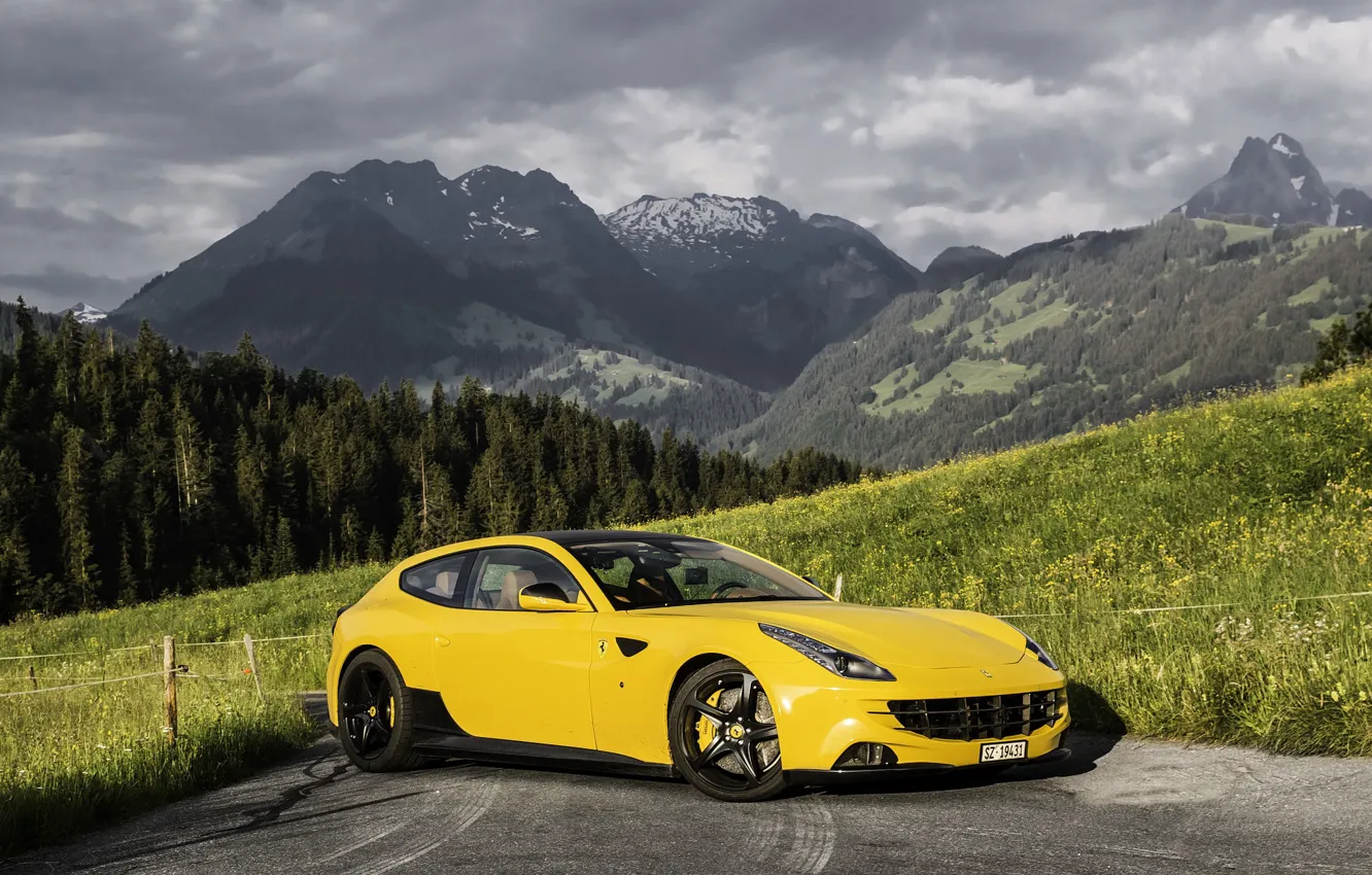 Photo wallpaper Ferrari, forest, yellow, mountain
