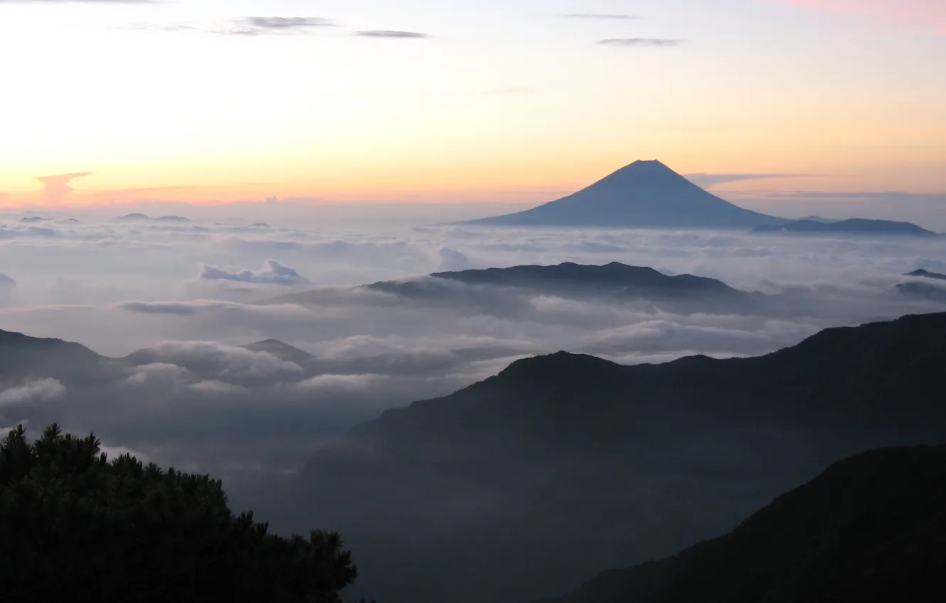 Photo wallpaper clouds, mountains, background, widescreen, Wallpaper, the volcano, Japan, Fuji