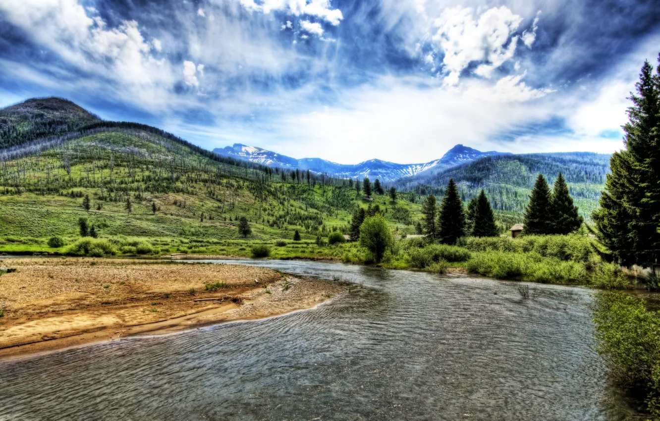Photo wallpaper the sky, mountains, river, blyur