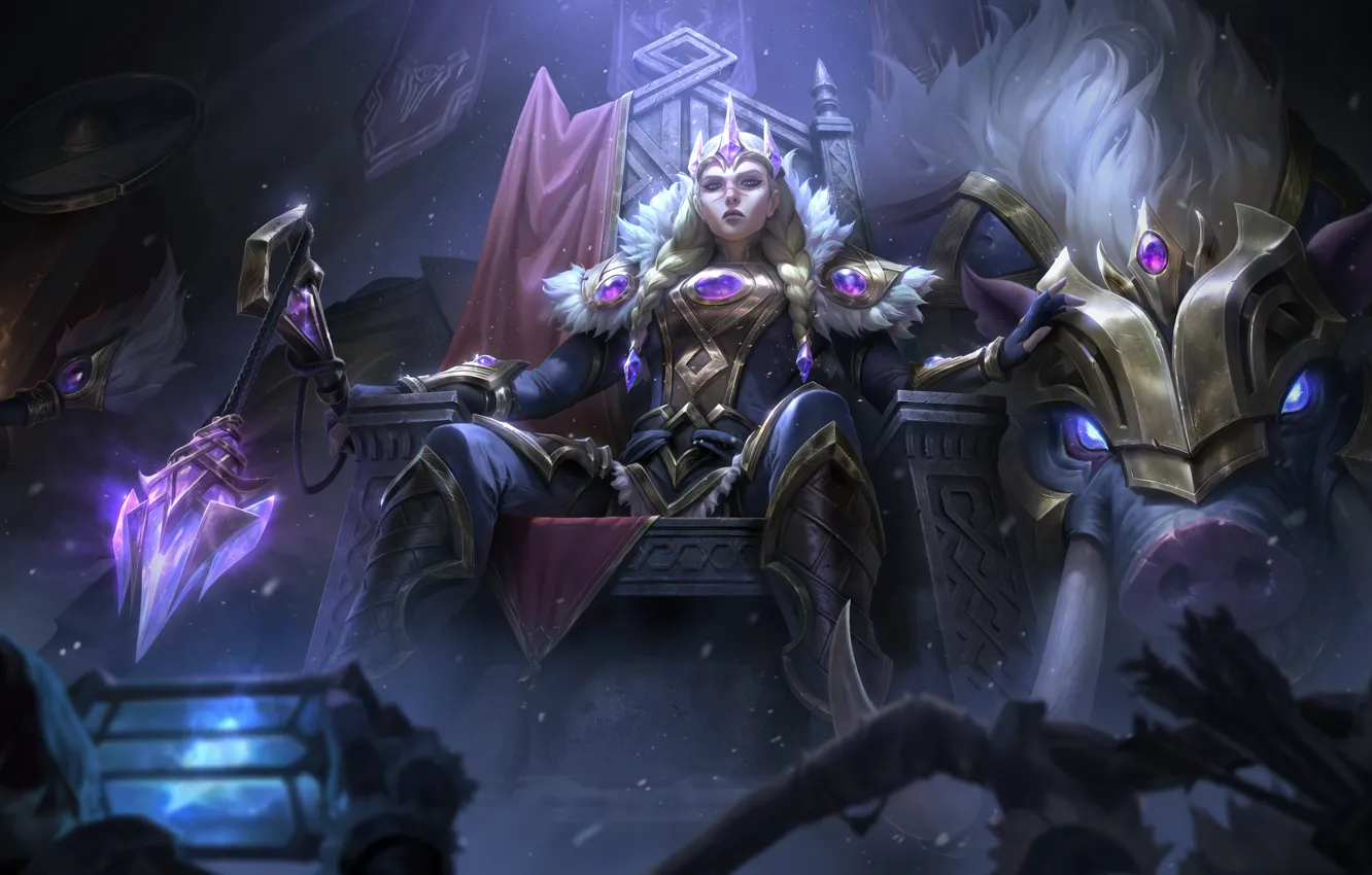 Photo wallpaper girl, the throne, braids, League of Legends, video games, Riot Games, Mace, Victorious