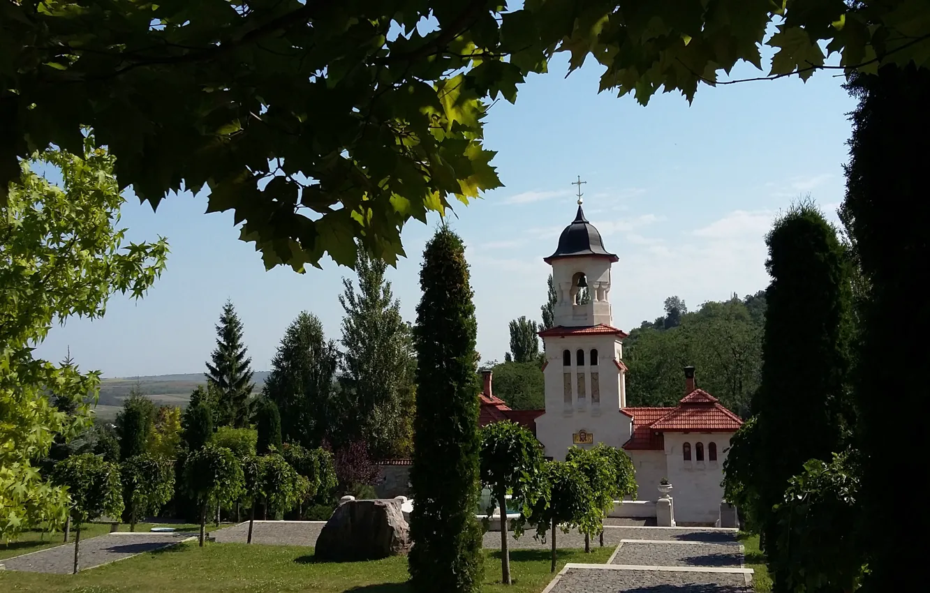 Photo wallpaper summer, the sky, trees, chapel, the monastery, Sunny day, clean air, the trigger