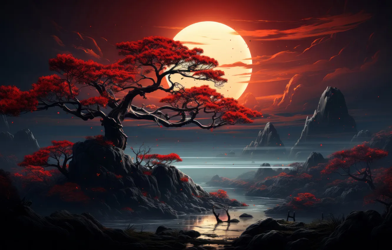 Photo wallpaper Eastern, Foliage, Night, Crimson, Mystical