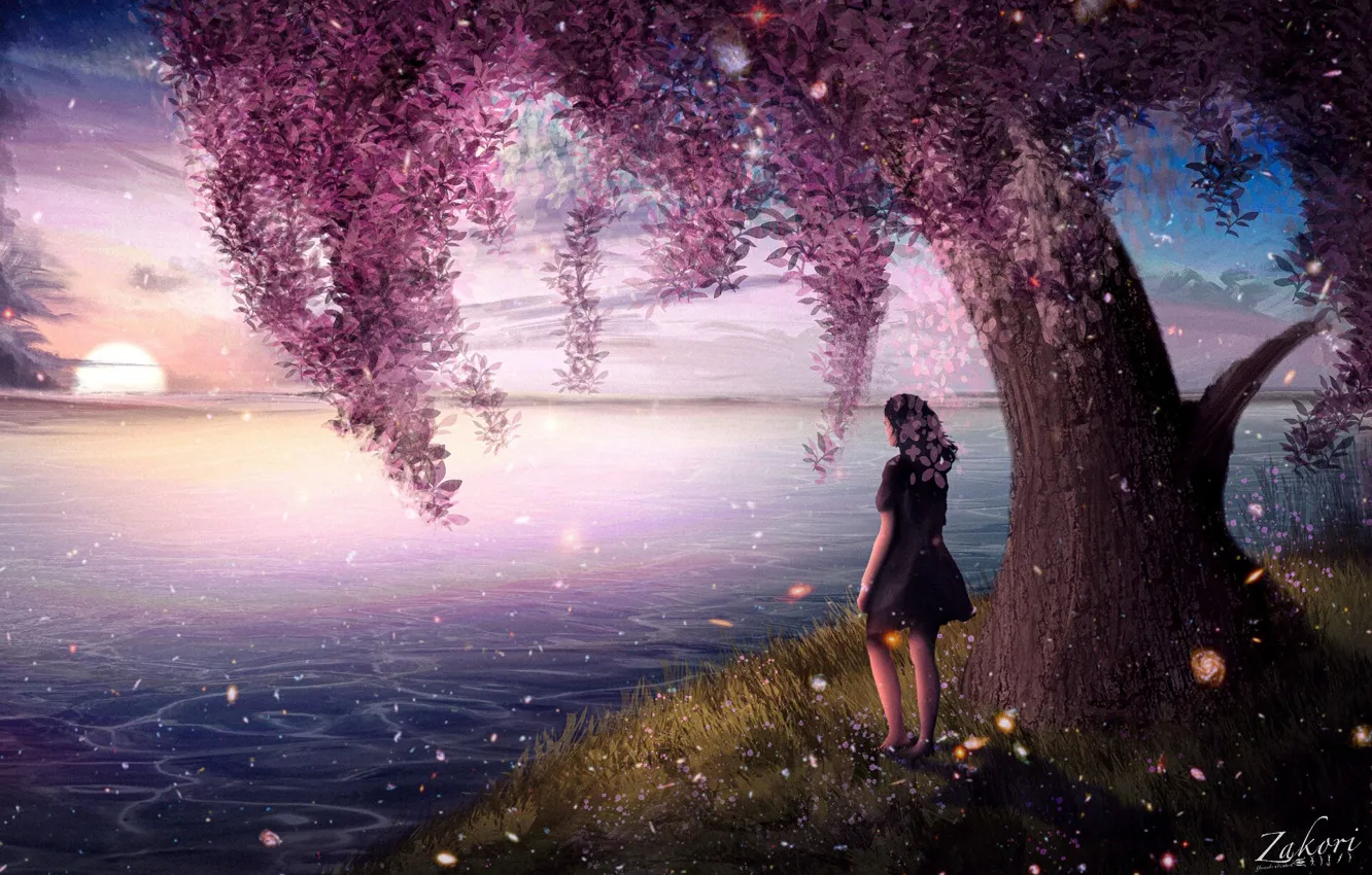 Photo wallpaper girl, trees, nature, river, flowering