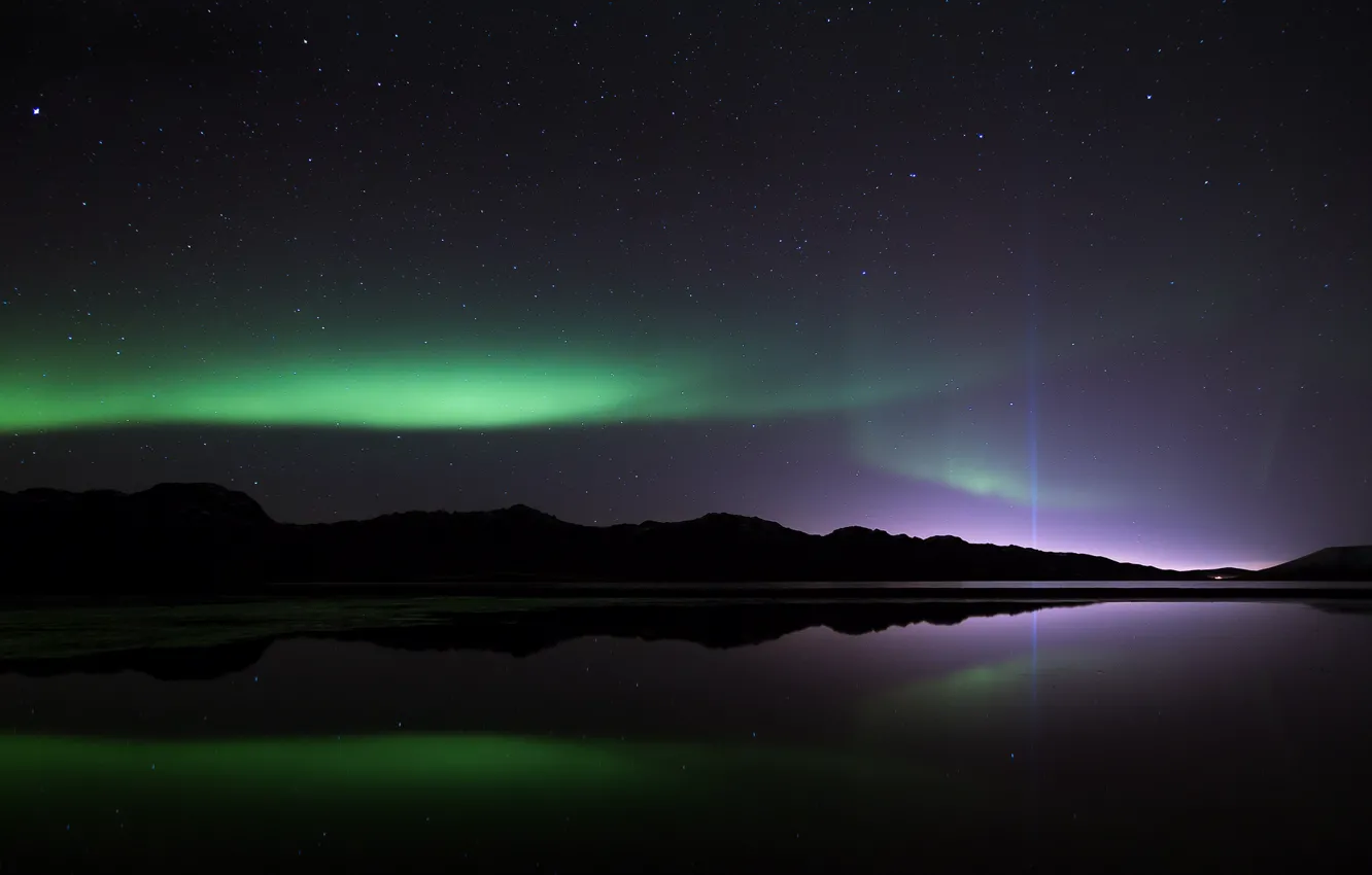 Photo wallpaper stars, light, mountains, night, reflection, Northern lights