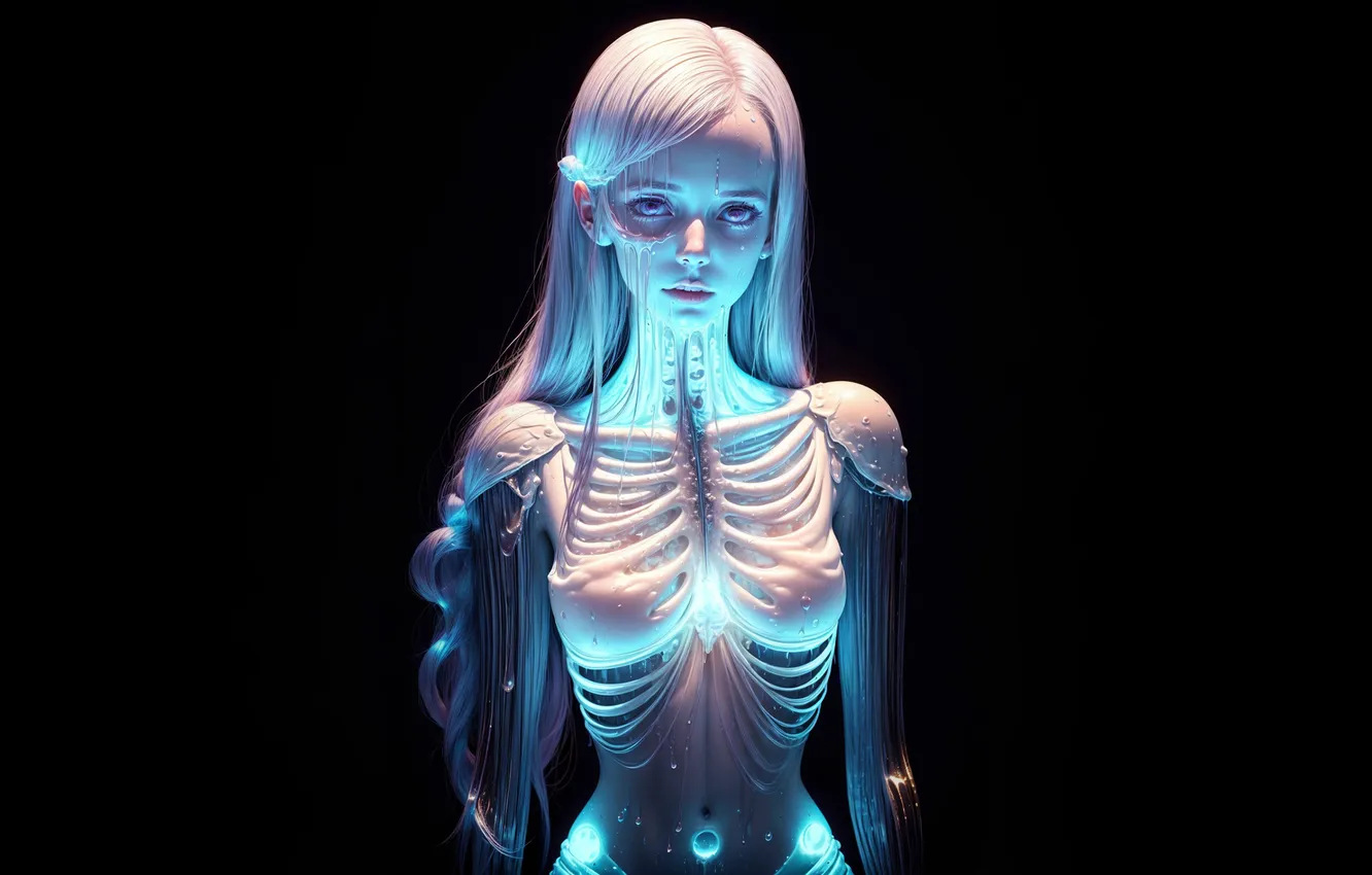 Photo wallpaper bones, skeleton, girl, lights, black background