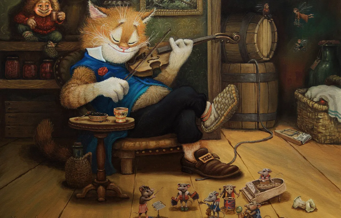Photo wallpaper cat, violin, figure, tale, art, children's, Tales of the cat Kuzma, Alexander Maskaev