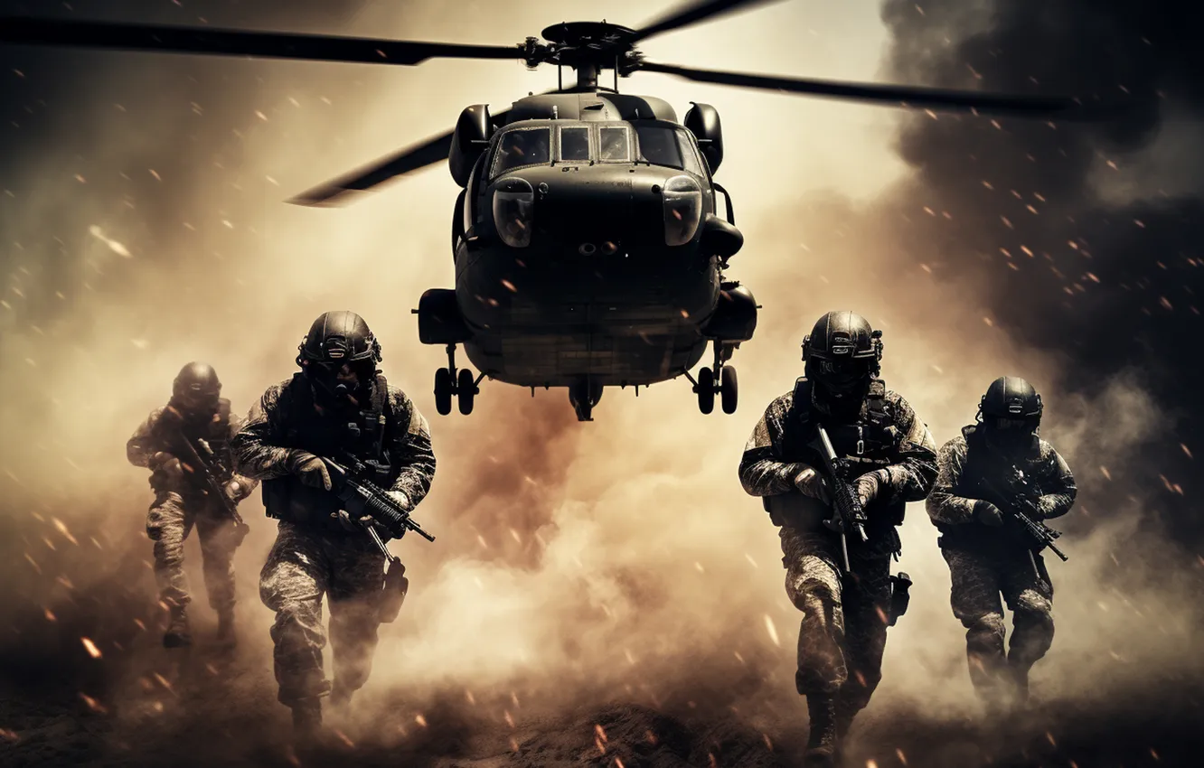 Photo wallpaper Dust, Smoke, Helicopter, Running, Soldiers, Men, Front, Digital art