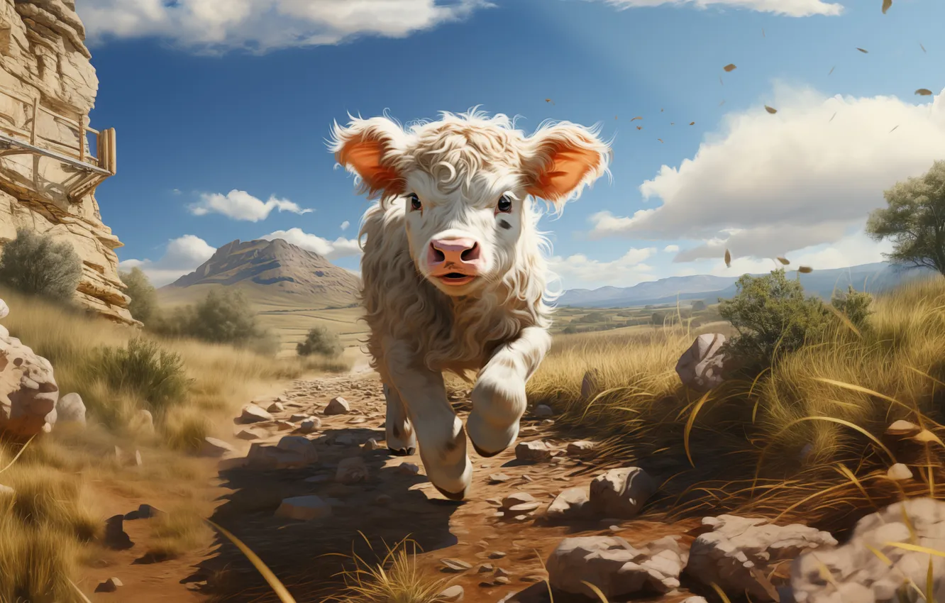 Photo wallpaper clouds, stones, running, digital art, calf, bull, AI art, The Art of Artificial Intelligence