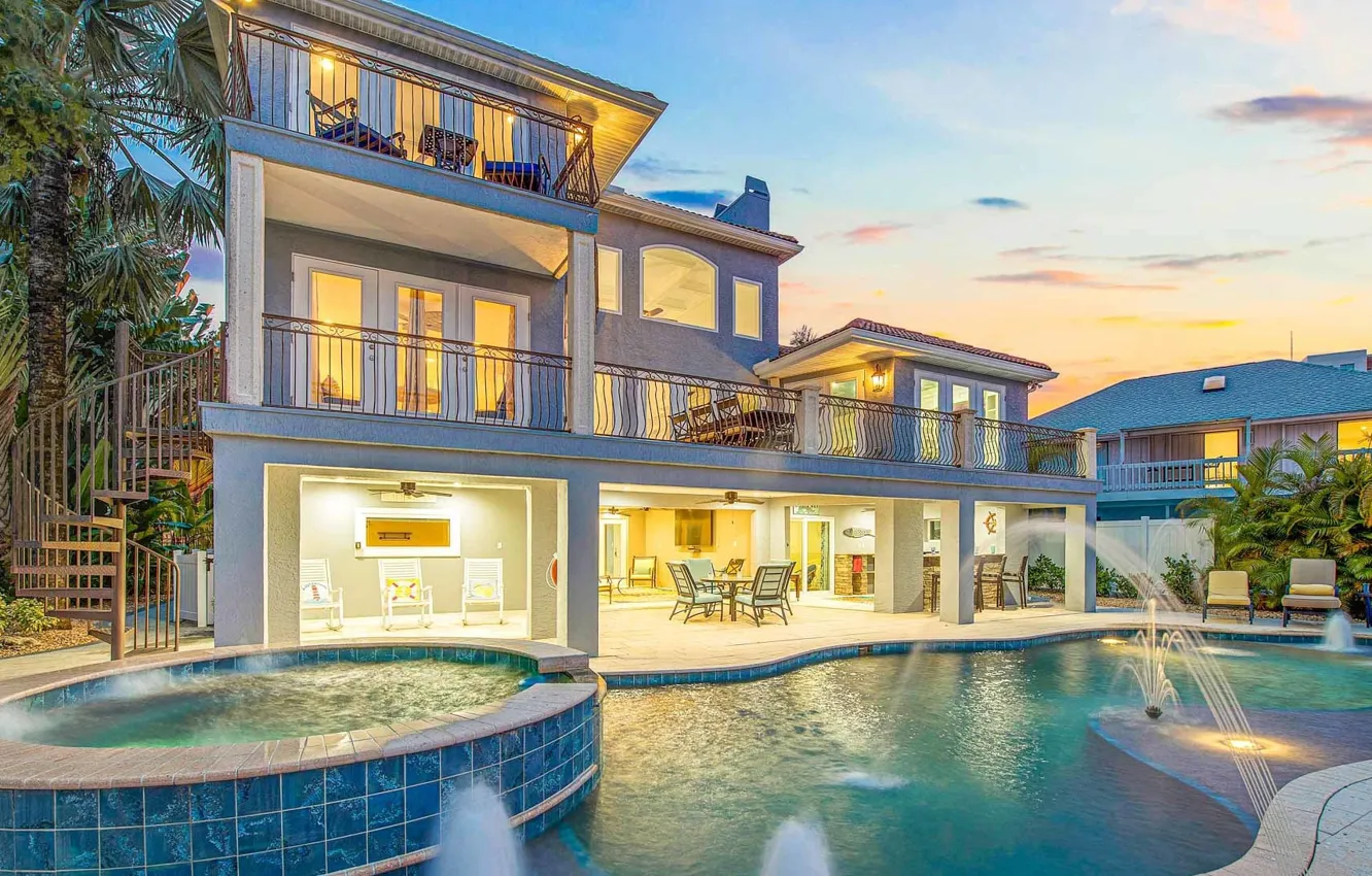 Photo wallpaper palm trees, lighting, Siesta Key home, stunning waterfront oversized pool spa, villa, architecture, Siesta Key, …