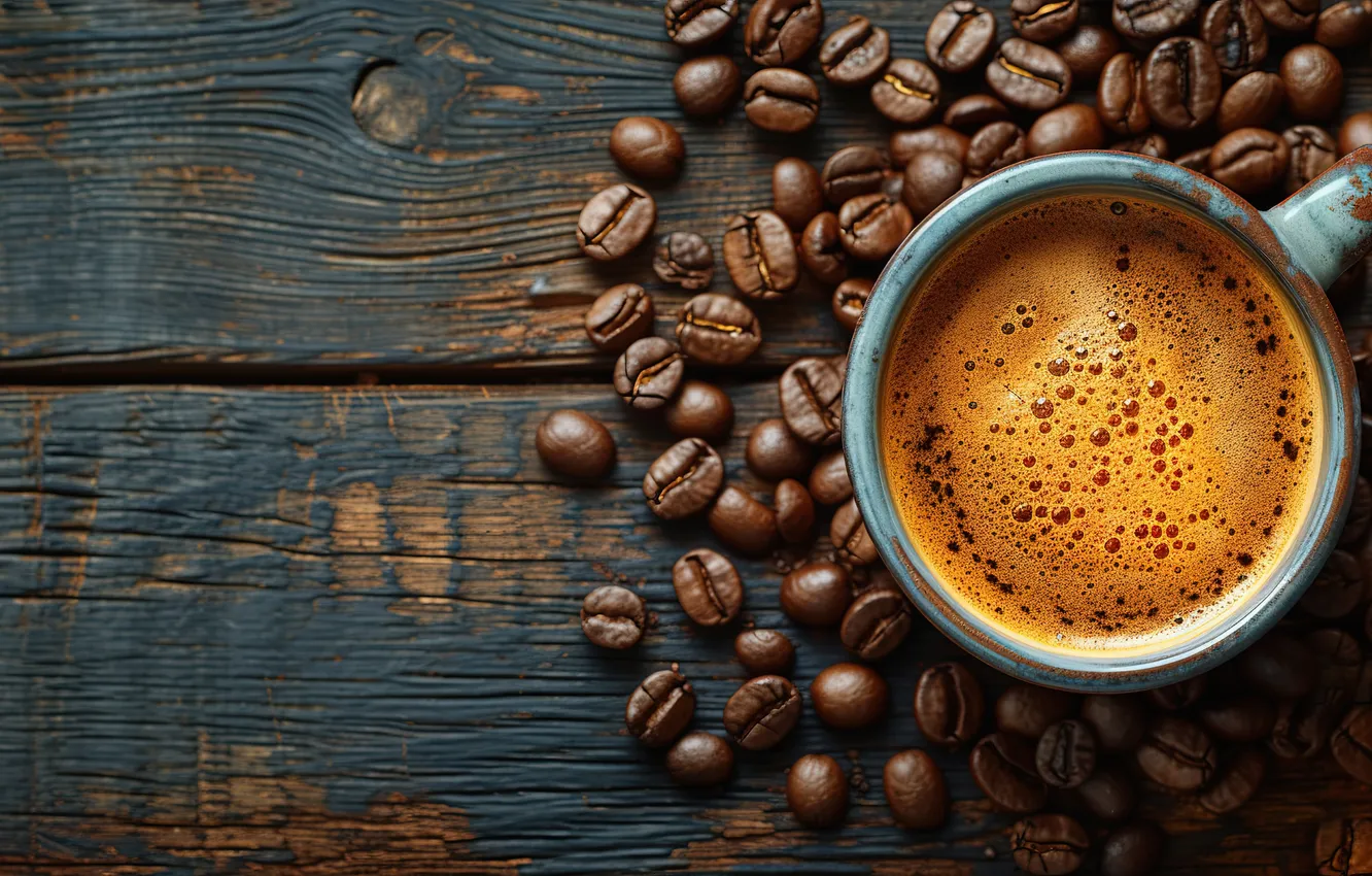 Photo wallpaper grain, wood, cup, beans, coffee, cozy, a Cup of coffee