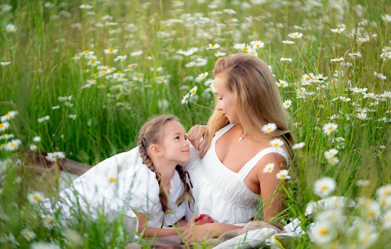 Photo wallpaper field, summer, grass, flowers, nature, children, woman, chamomile