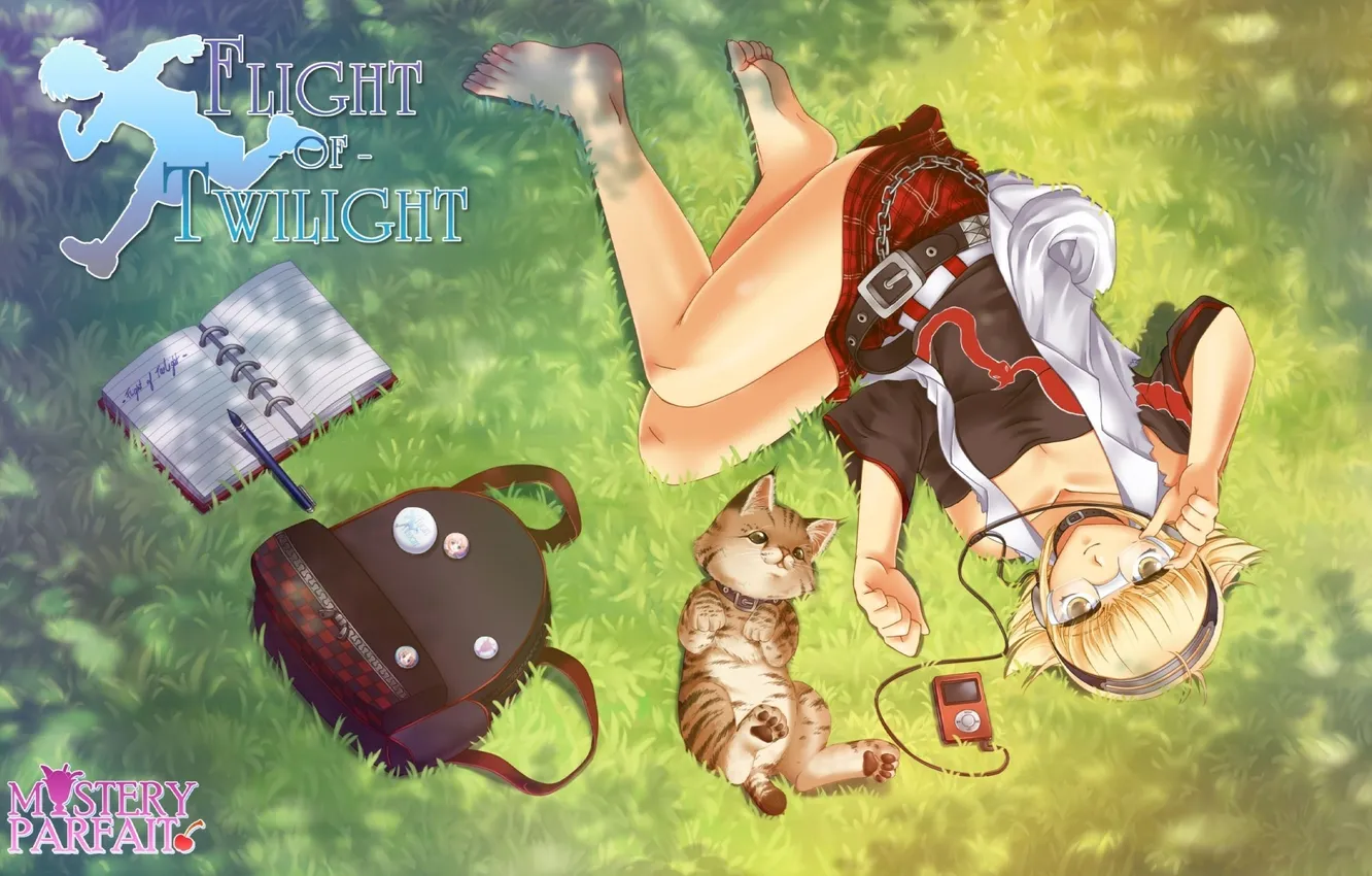 Photo wallpaper cat, music, anime, headphones, girl, bag