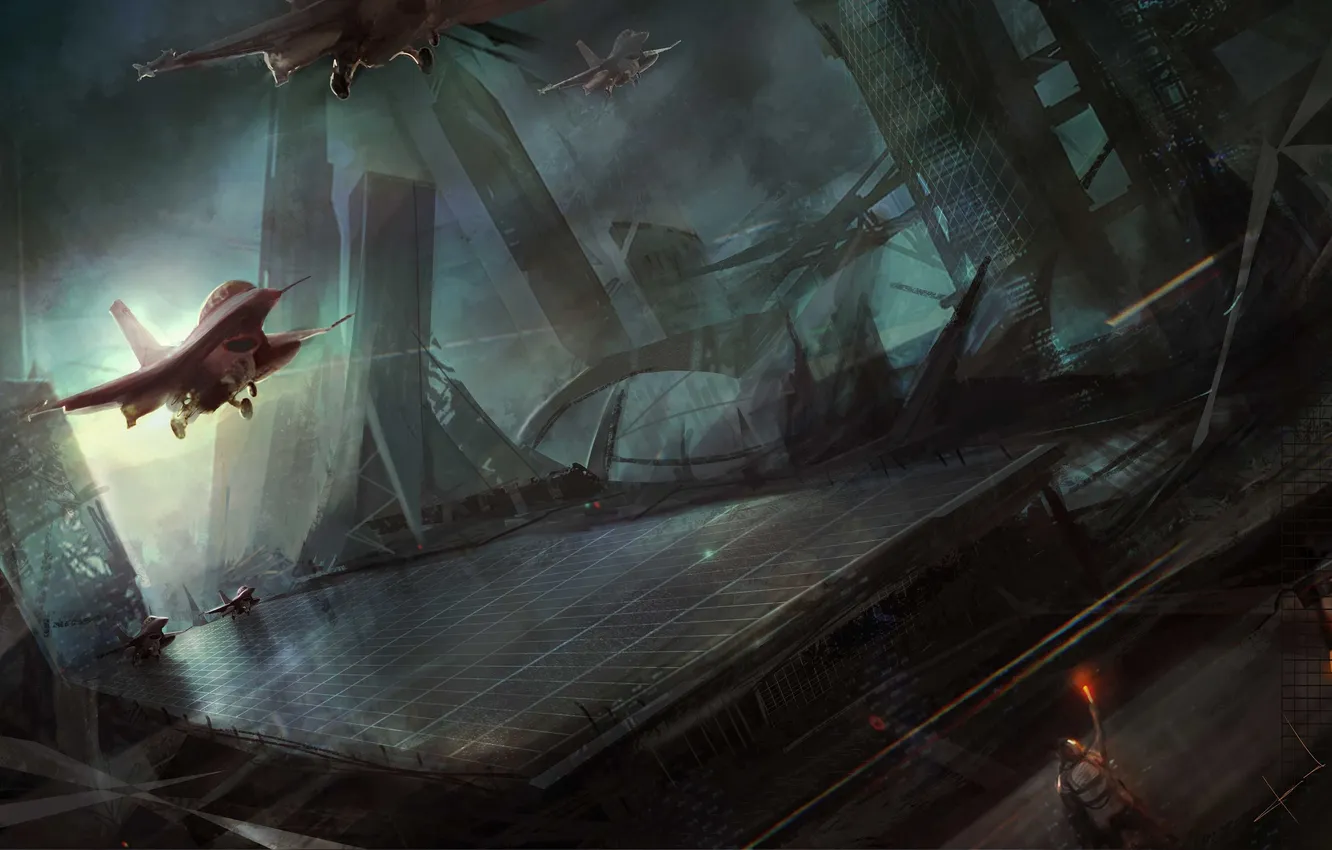 Photo wallpaper people, fighter, art, the plane, the airfield, cloudminedesign, сultist