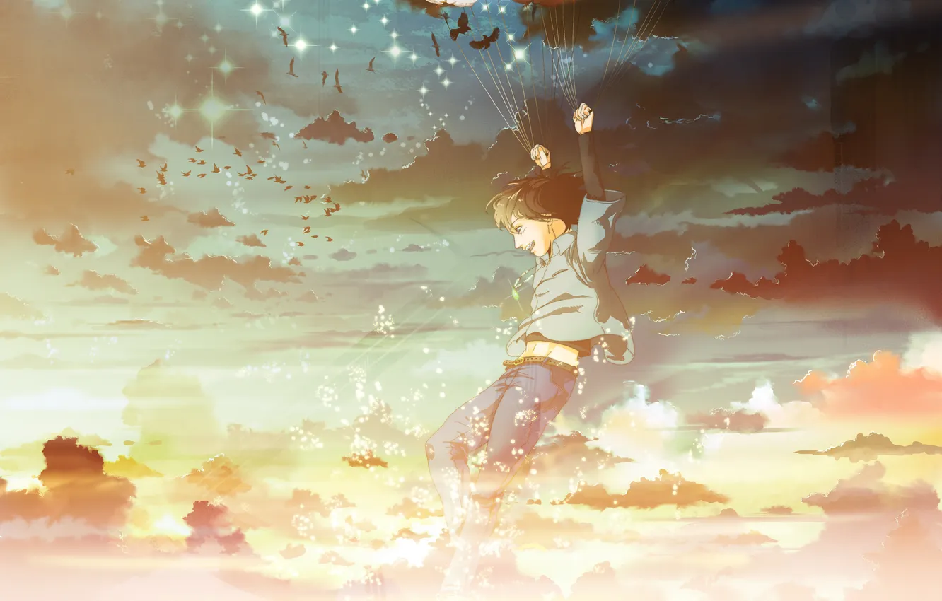 Photo wallpaper the sky, clouds, flight, joy, sunset, bird, anime, art