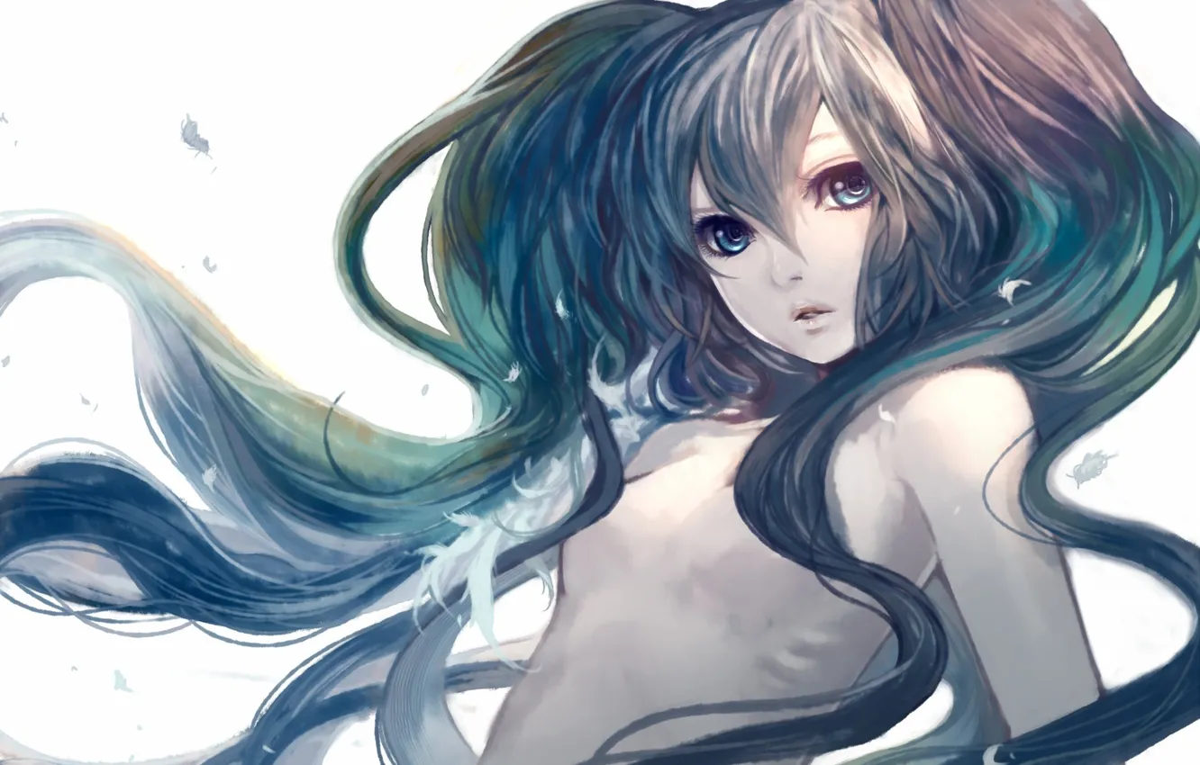 Photo wallpaper girl, feathers, art, vocaloid, hatsune miku, naked, or in