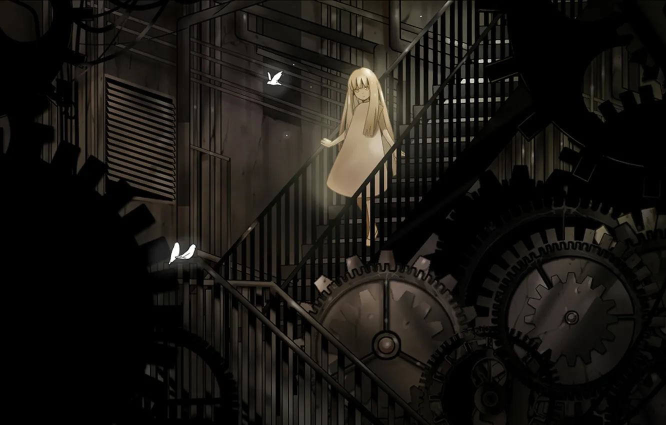 Photo wallpaper bird, mechanism, ladder, girl