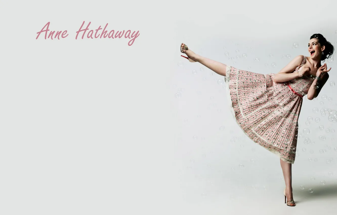 Photo wallpaper girl, face, smile, background, the inscription, dress, actress, legs