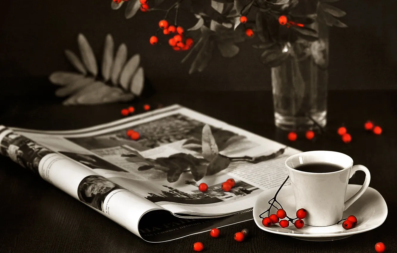 Photo wallpaper branches, berries, coffee, mug, journal